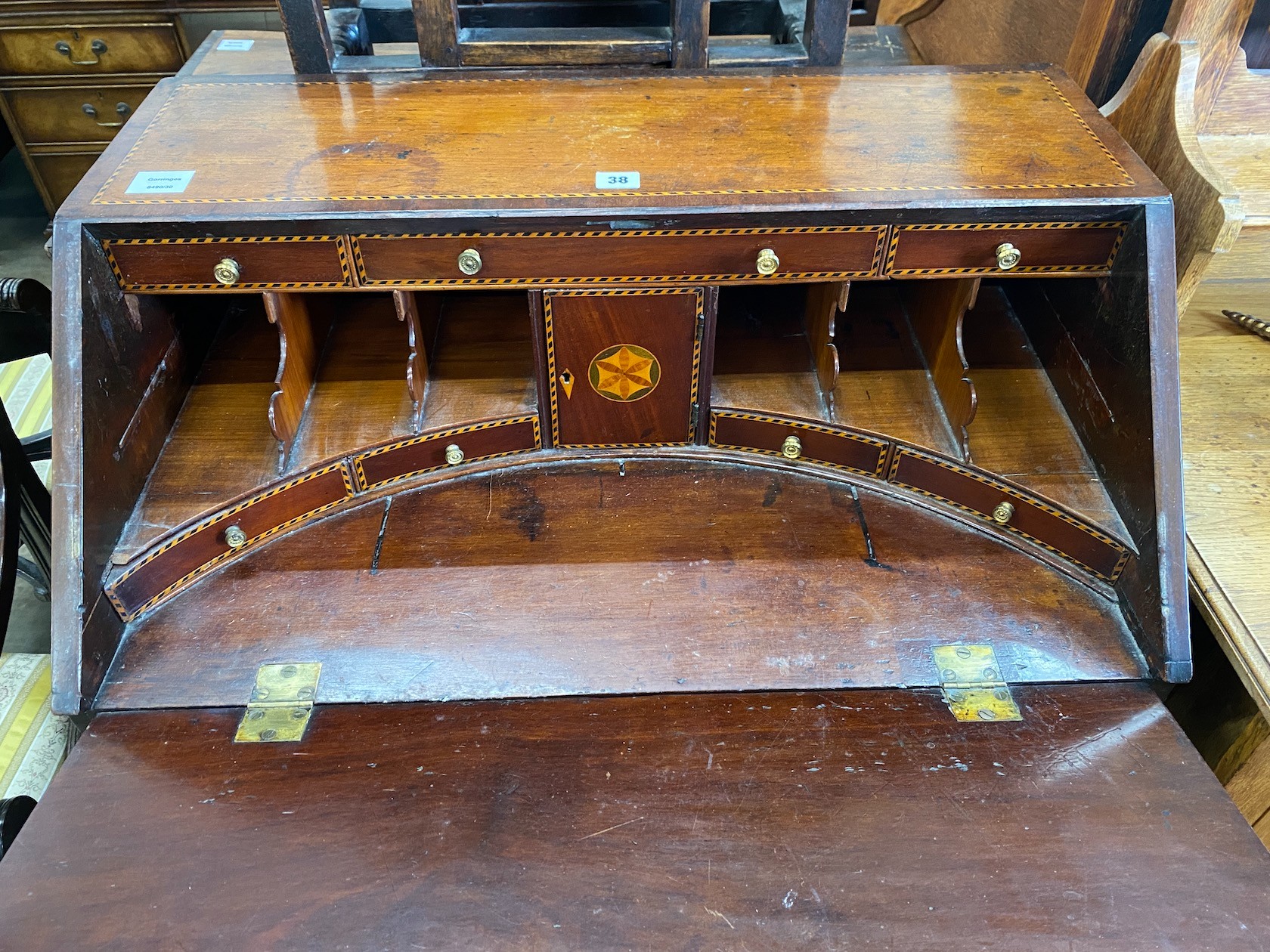 A George III, later inlaid mahogany bureau, width 77cm, depth 48cm, height 105cm